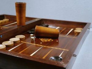 Antique backgammon set, rosewood with boxwood inlays.